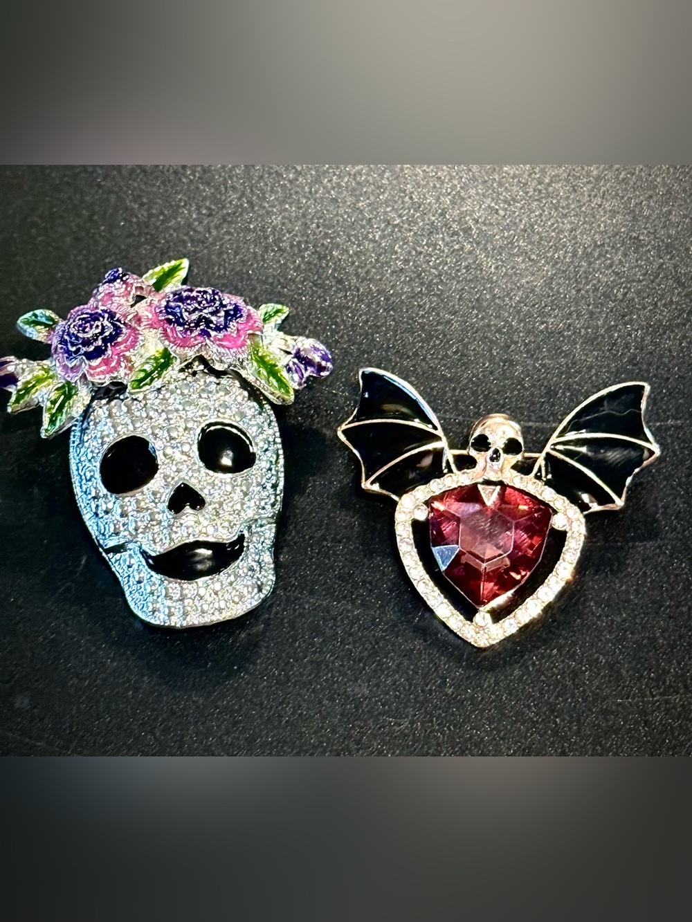 Skull & Bat Heart Crystal Pin Set in Silver and Red